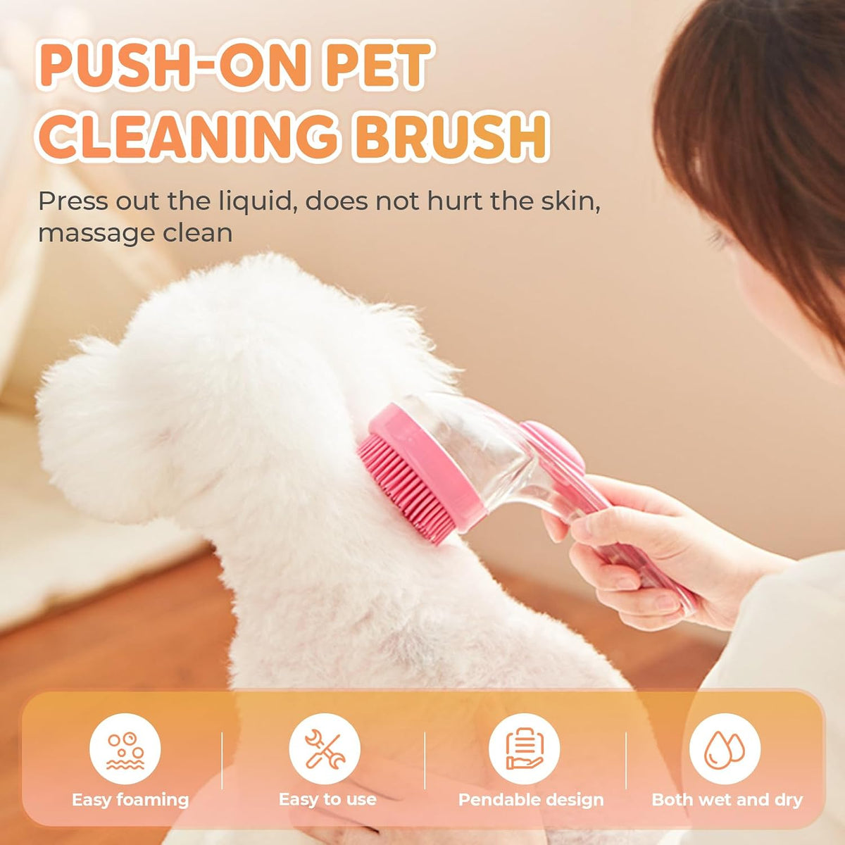 Pet Bath Brush, 2025 New 2 in 1 Dog Bath Brush with Built-in Shampoo Dispenser, Pet Wash Brush for Bathing Dog Grooming Massage Brush for Long Short Haired Dogs Cats Shower (Pink, Fine teeth)