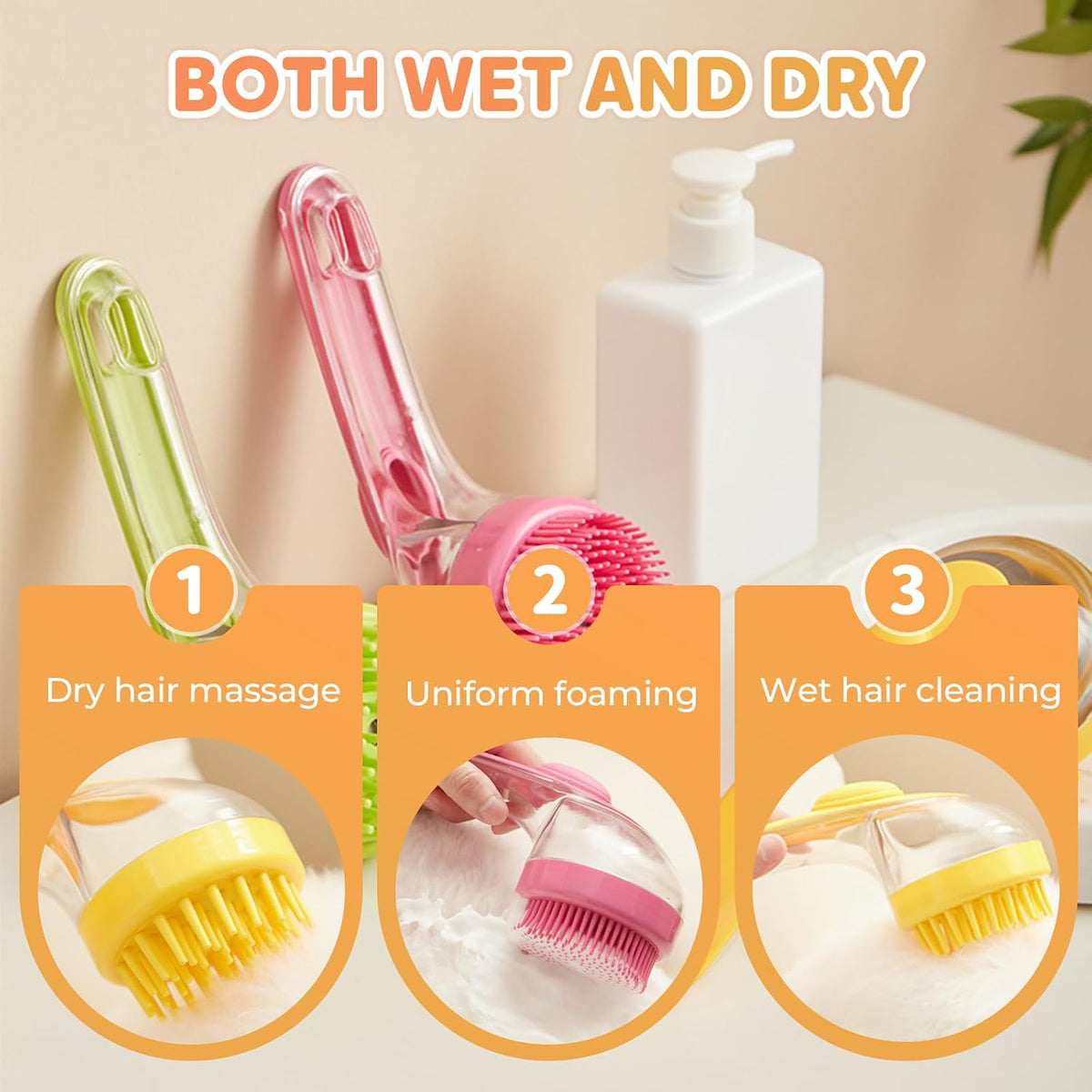 Pet Bath Brush, 2025 New 2 in 1 Dog Bath Brush with Built-in Shampoo Dispenser, Pet Wash Brush for Bathing Dog Grooming Massage Brush for Long Short Haired Dogs Cats Shower (Pink, Fine teeth)