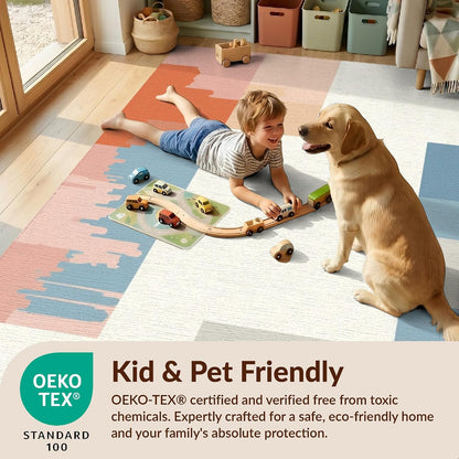 4'x6' Easy Clean Abstract Geometric Accent Rug, Peach for Playroom, Bedroom, Reading Nook, Sleek Flatweave Pet Friendly & Non-Slip Built-in Grip Floor Covering | 2133934