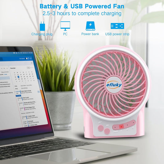 3-Speed Mini Desk Fan with LED Light, Portable USB Fan Quiet for Home, Office, Travel, Camping, Outdoor, Indoor, 4.9-Inch, Pink