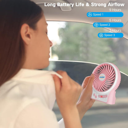 3-Speed Mini Desk Fan with LED Light, Portable USB Fan Quiet for Home, Office, Travel, Camping, Outdoor, Indoor, 4.9-Inch, Pink