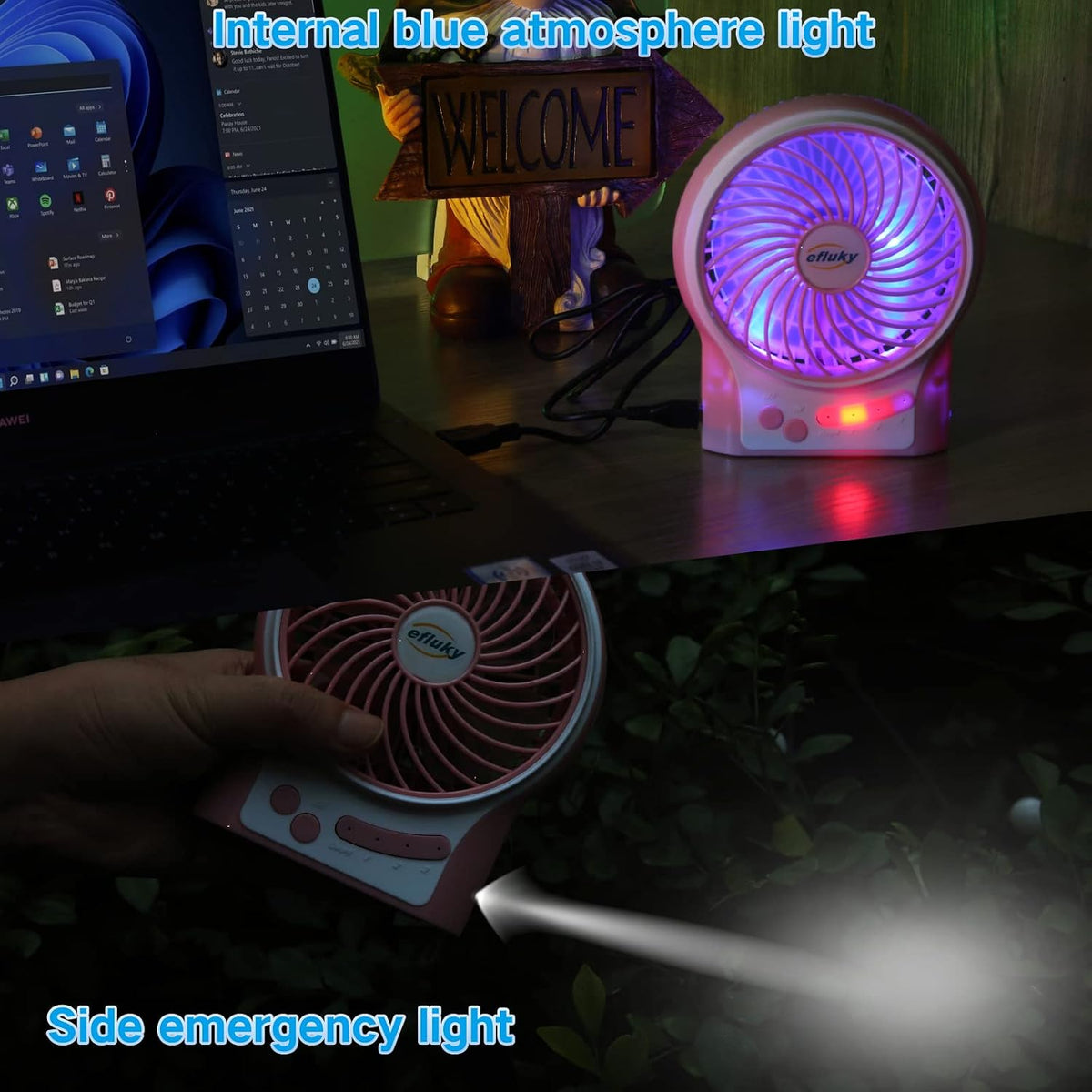 3-Speed Mini Desk Fan with LED Light, Portable USB Fan Quiet for Home, Office, Travel, Camping, Outdoor, Indoor, 4.9-Inch, Pink