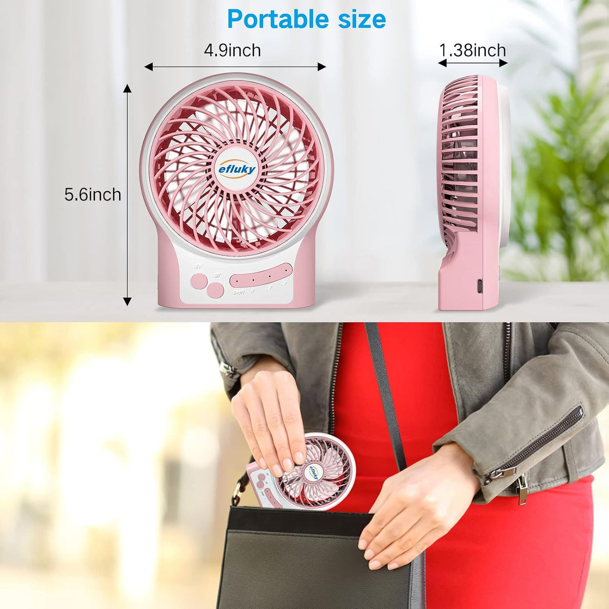 3-Speed Mini Desk Fan with LED Light, Portable USB Fan Quiet for Home, Office, Travel, Camping, Outdoor, Indoor, 4.9-Inch, Pink