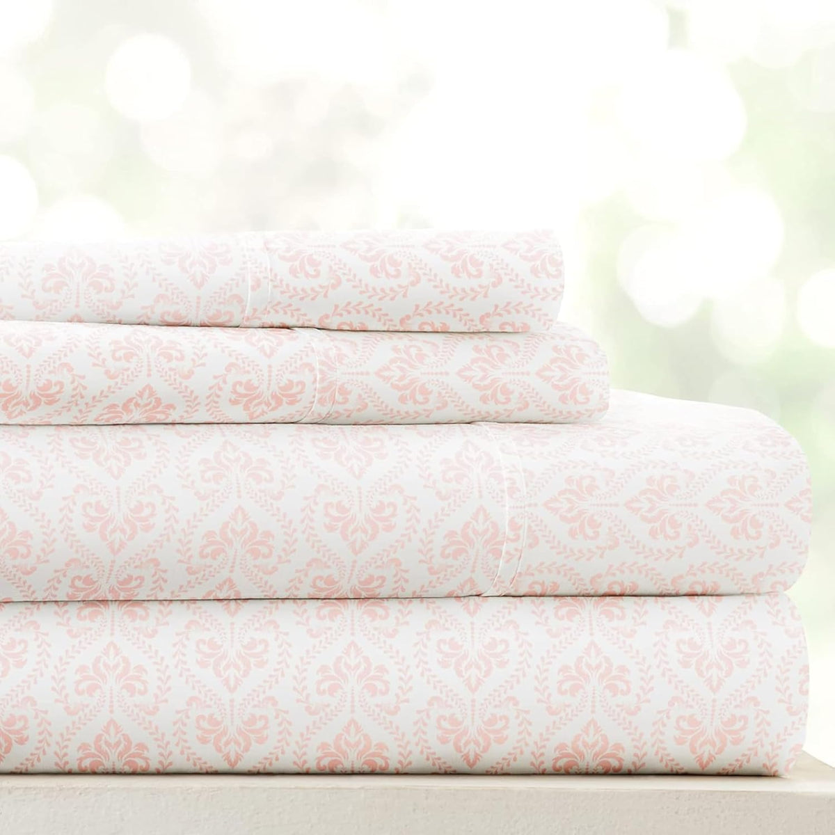Patterned Microfiber Queen Sheet Set 4 Piece – Oeko-TEX Certified Ultra Soft & Wrinkle-Free - 16" Deep Pocket Sheets - Easy Care Queen Size - Classic in Pink