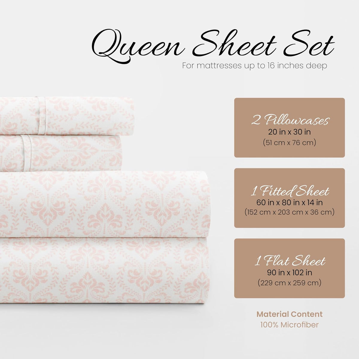 Patterned Microfiber Queen Sheet Set 4 Piece – Oeko-TEX Certified Ultra Soft & Wrinkle-Free - 16" Deep Pocket Sheets - Easy Care Queen Size - Classic in Pink