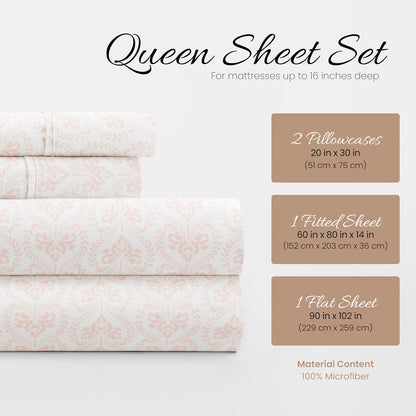 Patterned Microfiber Queen Sheet Set 4 Piece – Oeko-TEX Certified Ultra Soft & Wrinkle-Free - 16" Deep Pocket Sheets - Easy Care Queen Size - Classic in Pink