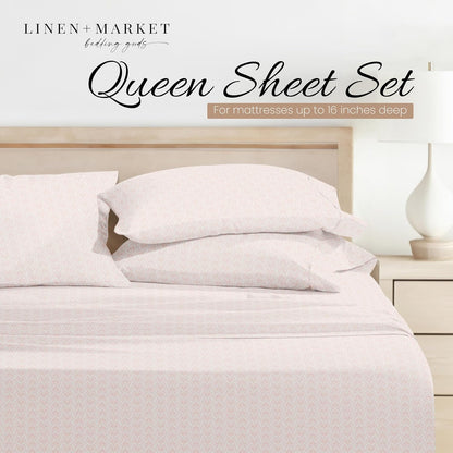 Patterned Microfiber Queen Sheet Set 4 Piece – Oeko-TEX Certified Ultra Soft & Wrinkle-Free - 16" Deep Pocket Sheets - Easy Care Queen Size - Classic in Pink