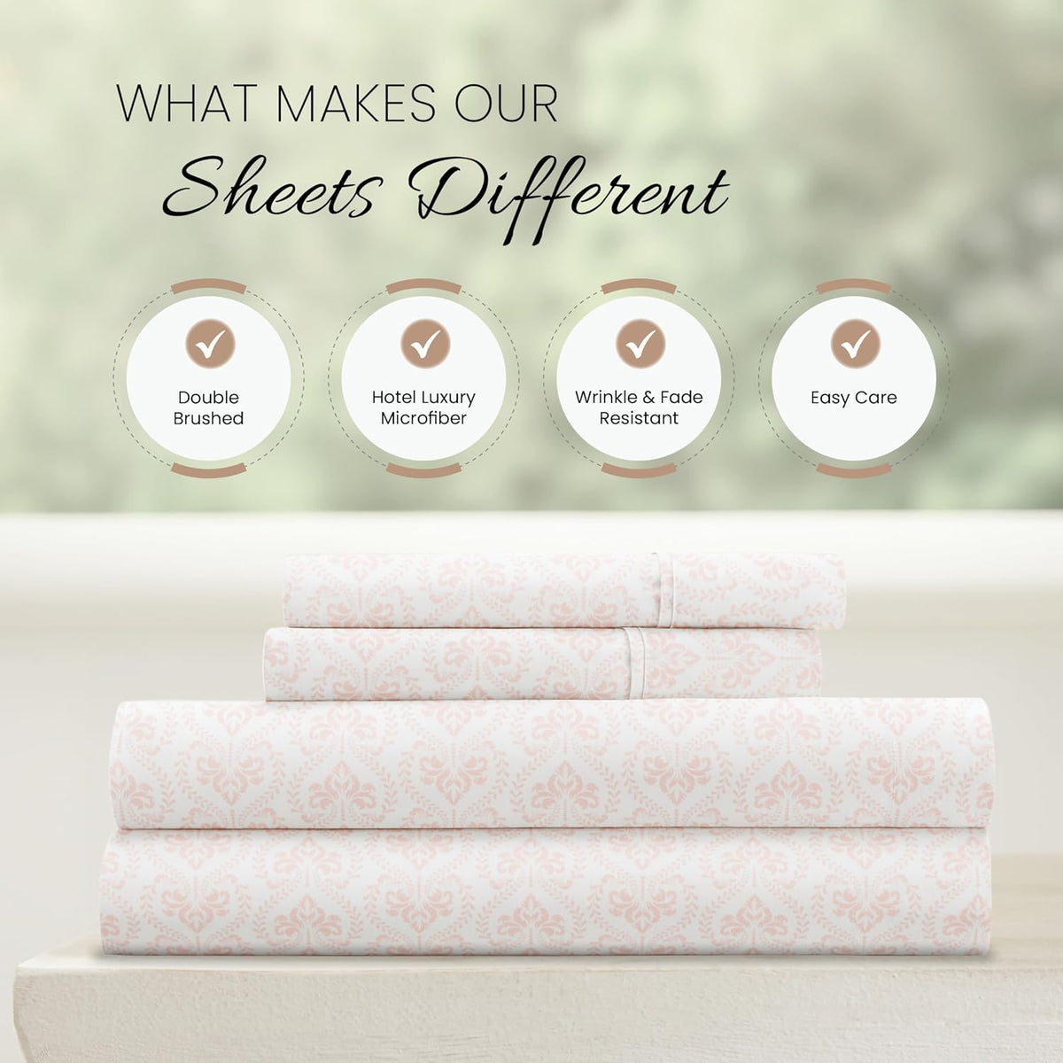 Patterned Microfiber Queen Sheet Set 4 Piece – Oeko-TEX Certified Ultra Soft & Wrinkle-Free - 16" Deep Pocket Sheets - Easy Care Queen Size - Classic in Pink