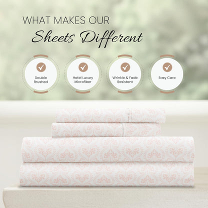 Patterned Microfiber Queen Sheet Set 4 Piece – Oeko-TEX Certified Ultra Soft & Wrinkle-Free - 16" Deep Pocket Sheets - Easy Care Queen Size - Classic in Pink