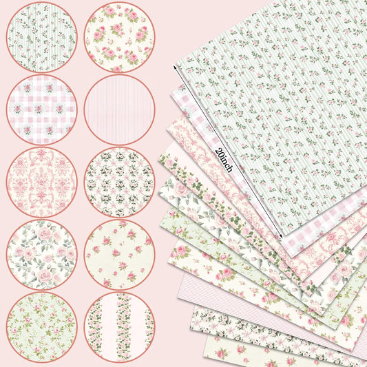 10 Pcs Pink Floral Fabric Squares Bundles 20 x 20 Inch Cotton Rose Quilting Fabric Vintage Pink Flower Fat Quarters Printed Cloth Quilt Patchwork Material for Sewing DIY Craft Supplie