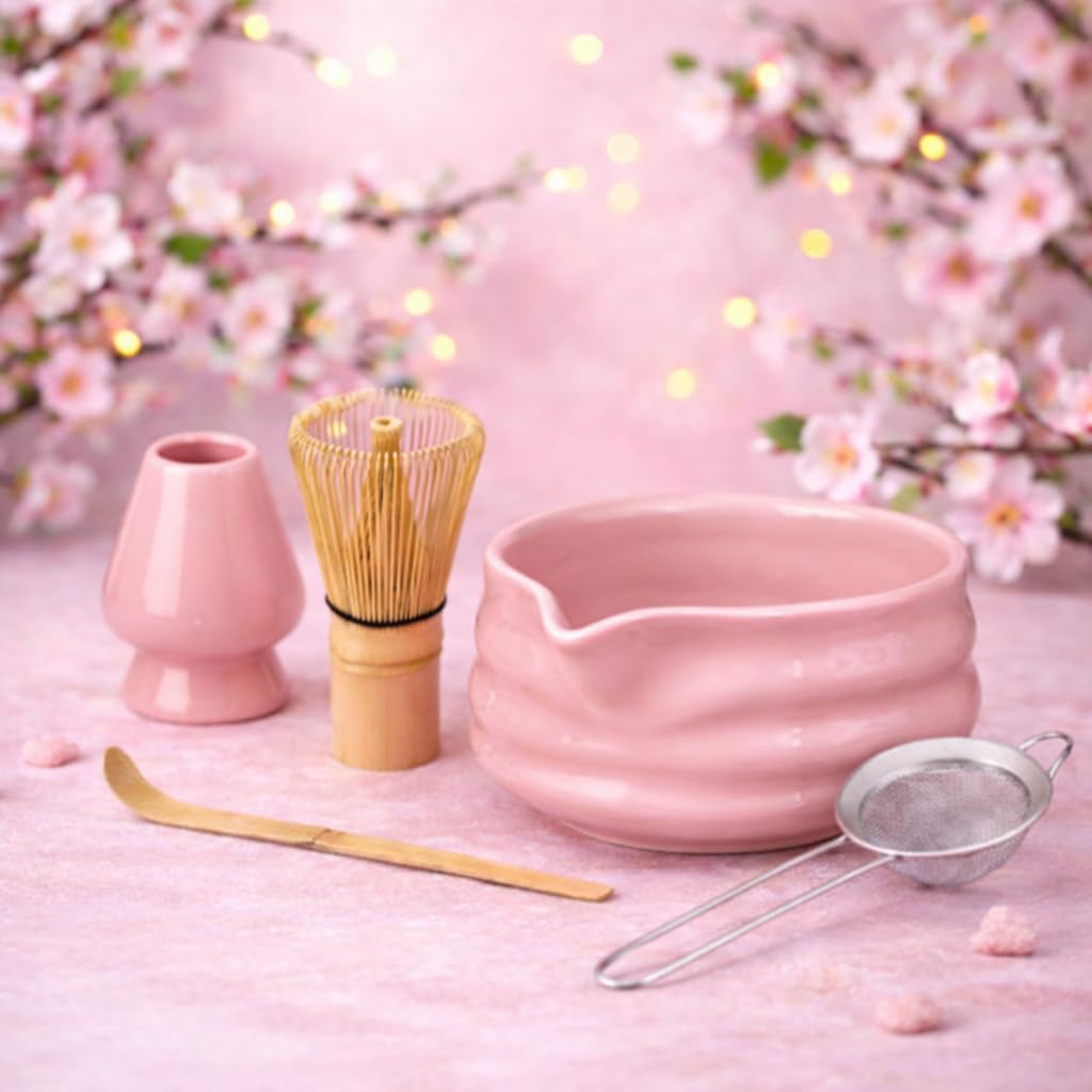 Whisk Set- Matcha Set includes Matcha Whisk and Bowl with Spout, Sifter, Holder and Scoop- The Perfect Bamboo Whisk for Matcha Tea (Pink)