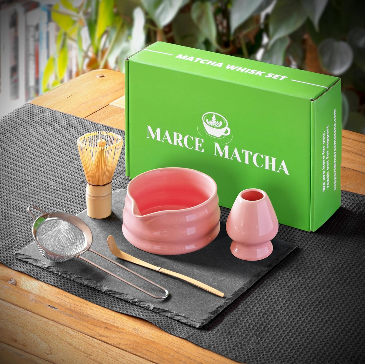 Whisk Set- Matcha Set includes Matcha Whisk and Bowl with Spout, Sifter, Holder and Scoop- The Perfect Bamboo Whisk for Matcha Tea (Pink)