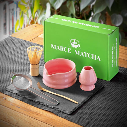 Whisk Set- Matcha Set includes Matcha Whisk and Bowl with Spout, Sifter, Holder and Scoop- The Perfect Bamboo Whisk for Matcha Tea (Pink)