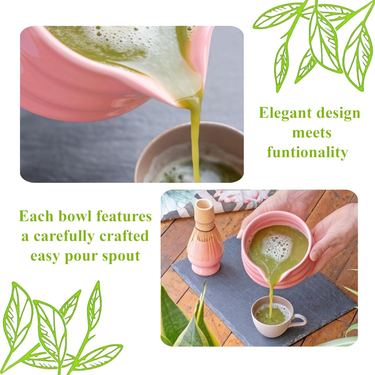 Whisk Set- Matcha Set includes Matcha Whisk and Bowl with Spout, Sifter, Holder and Scoop- The Perfect Bamboo Whisk for Matcha Tea (Pink)