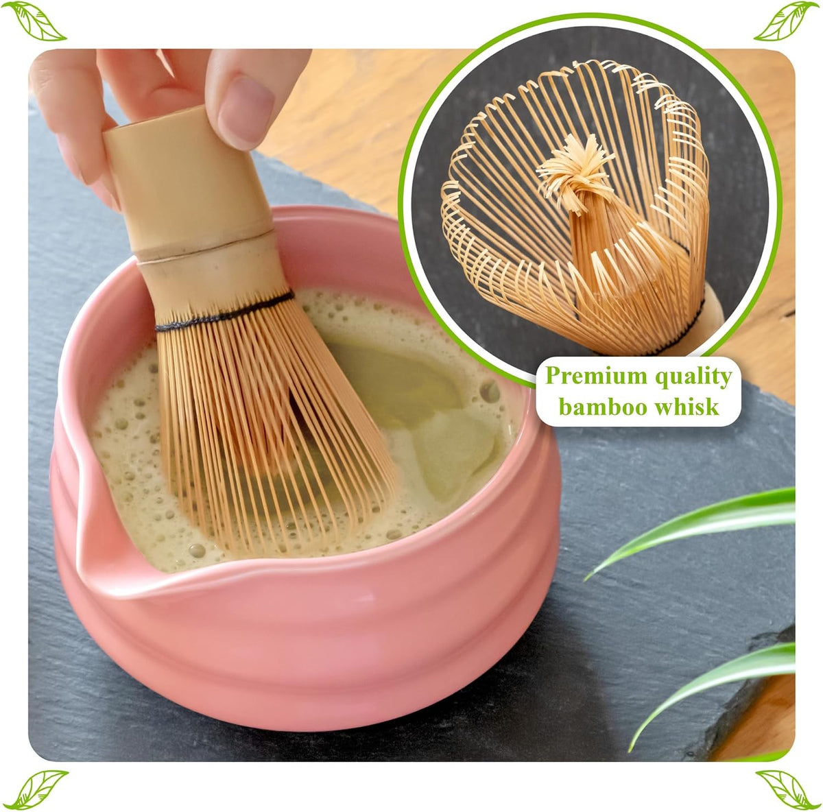 Whisk Set- Matcha Set includes Matcha Whisk and Bowl with Spout, Sifter, Holder and Scoop- The Perfect Bamboo Whisk for Matcha Tea (Pink)