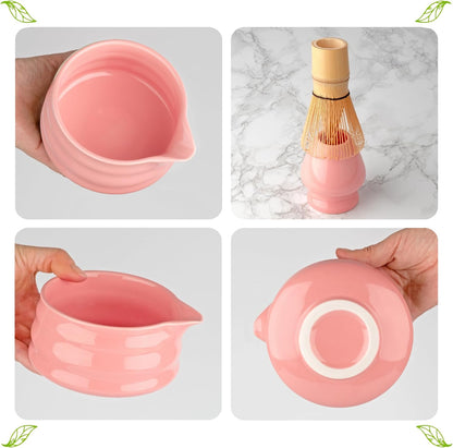 Whisk Set- Matcha Set includes Matcha Whisk and Bowl with Spout, Sifter, Holder and Scoop- The Perfect Bamboo Whisk for Matcha Tea (Pink)
