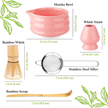 Whisk Set- Matcha Set includes Matcha Whisk and Bowl with Spout, Sifter, Holder and Scoop- The Perfect Bamboo Whisk for Matcha Tea (Pink)