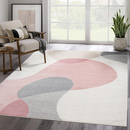 Rugs Cream and Pink 5’3” x 7’6” (5'x8') Contemporary mid-Century Rug with Beige and Pink Geometric Circle. Minimalistic Design Rectangular Area Rug. Turkish Stain Resistant Area Rug.