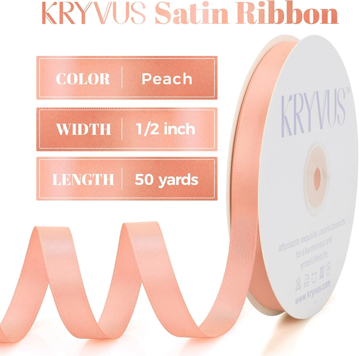 Peach Satin Ribbon, Double Faced 1/2 Inch X 50 Yards Peach Ribbon, Premium Satin Ribbons for Gift Wrapping, Crafts, Hair Bow Making, Sewing, Flower Bouquet, Wedding Party Decor