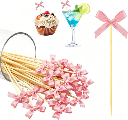 120 Pcs Pink Bow Cocktail Picks 4.72" Bamboo Fancy Toothpicks with Bowknot Bulk Swizzle Sticks for Dessert, Fruit, Appetizers,Ideal for Bridal Shower, Birthday, Valentines Day, Wedding Party Favors