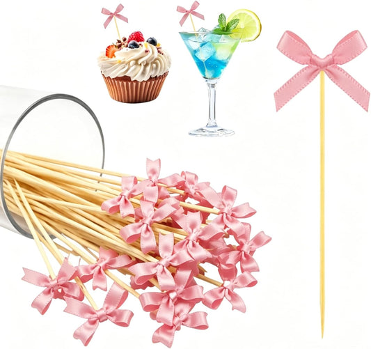 120 Pcs Pink Bow Cocktail Picks 4.72" Bamboo Fancy Toothpicks with Bowknot Bulk Swizzle Sticks for Dessert, Fruit, Appetizers,Ideal for Bridal Shower, Birthday, Valentines Day, Wedding Party Favors