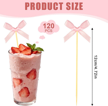 120 Pcs Pink Bow Cocktail Picks 4.72" Bamboo Fancy Toothpicks with Bowknot Bulk Swizzle Sticks for Dessert, Fruit, Appetizers,Ideal for Bridal Shower, Birthday, Valentines Day, Wedding Party Favors