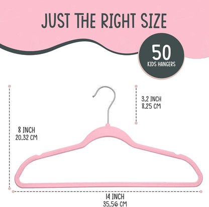 50 Premium Kids Velvet Hangers - 14" Non-Slip Clothes Hangers for Kids & Preteens - Ultra Slim, Space-Saving, Strong & Durable Hangers with 360° Swivel Hook - Pink