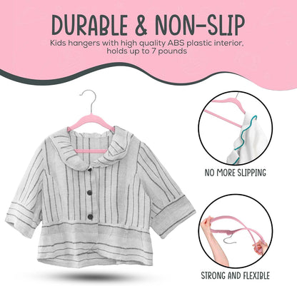 50 Premium Kids Velvet Hangers - 14" Non-Slip Clothes Hangers for Kids & Preteens - Ultra Slim, Space-Saving, Strong & Durable Hangers with 360° Swivel Hook - Pink