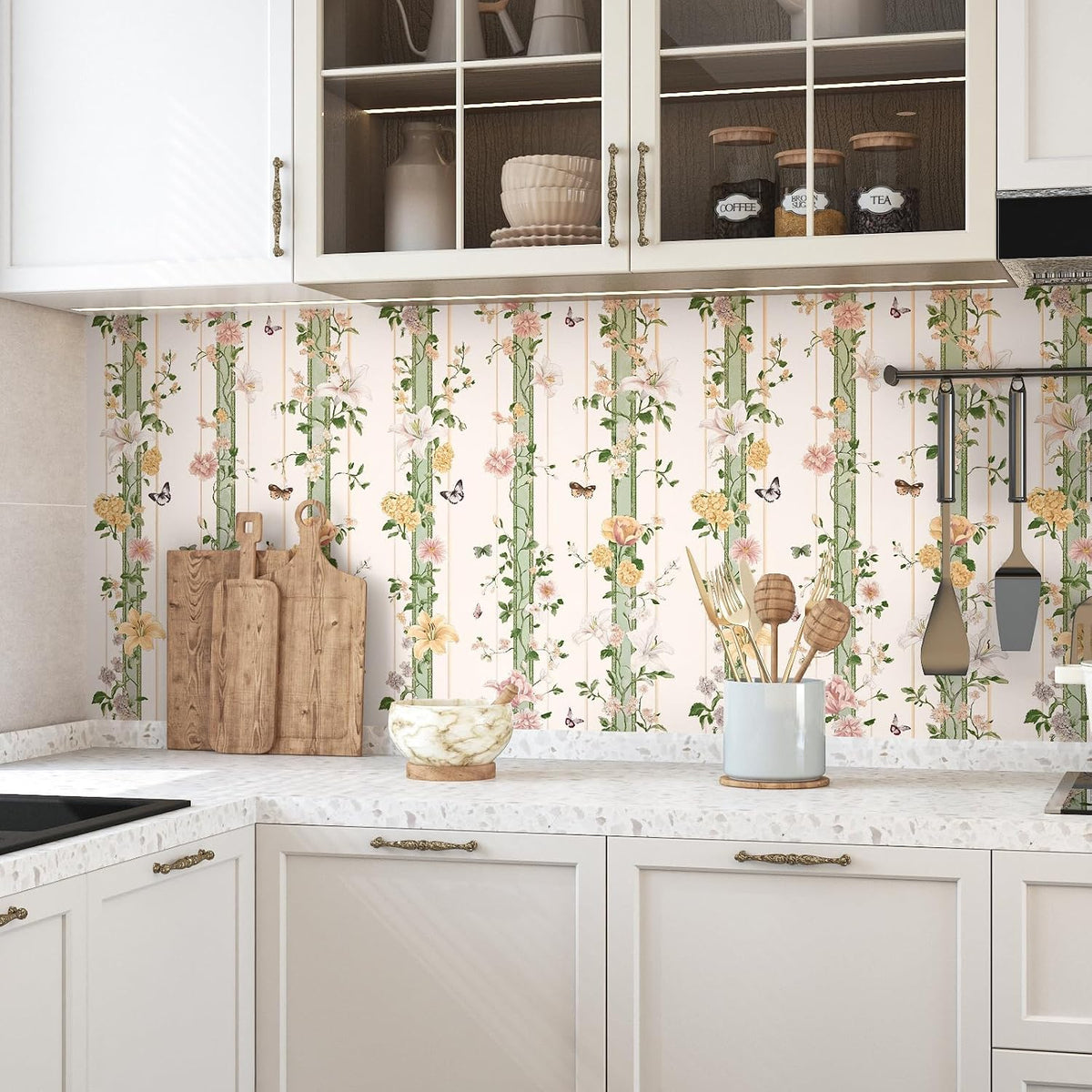 Boho Floral Peel Stick Wallpaper Beige Pink 17.5 x 393.5In