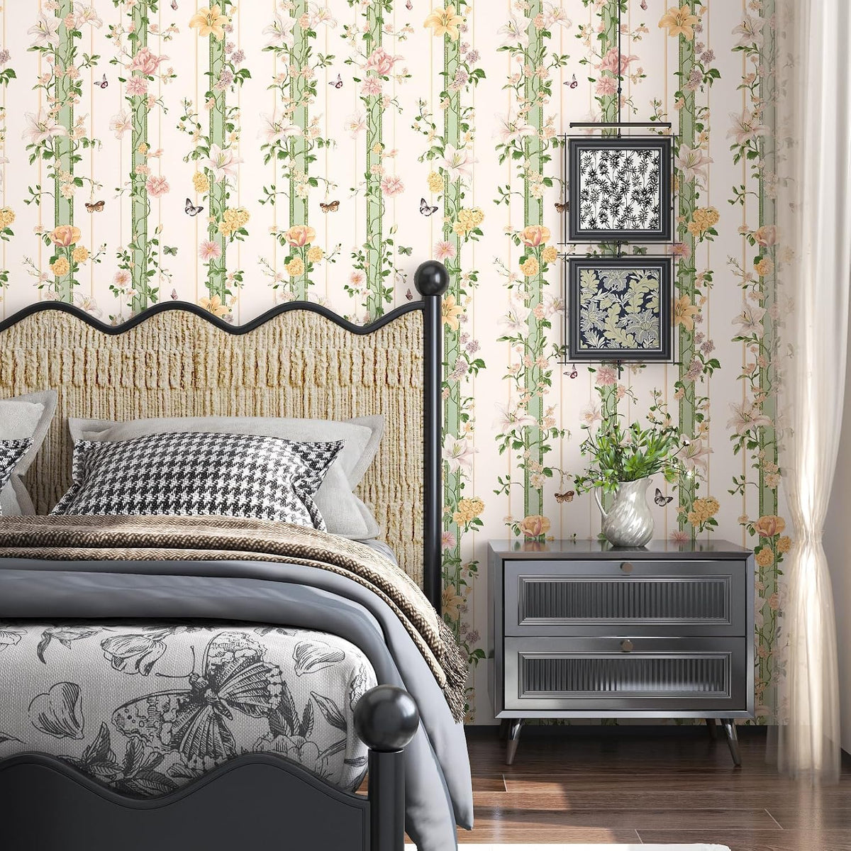 Boho Floral Peel Stick Wallpaper Beige Pink 17.5 x 393.5In