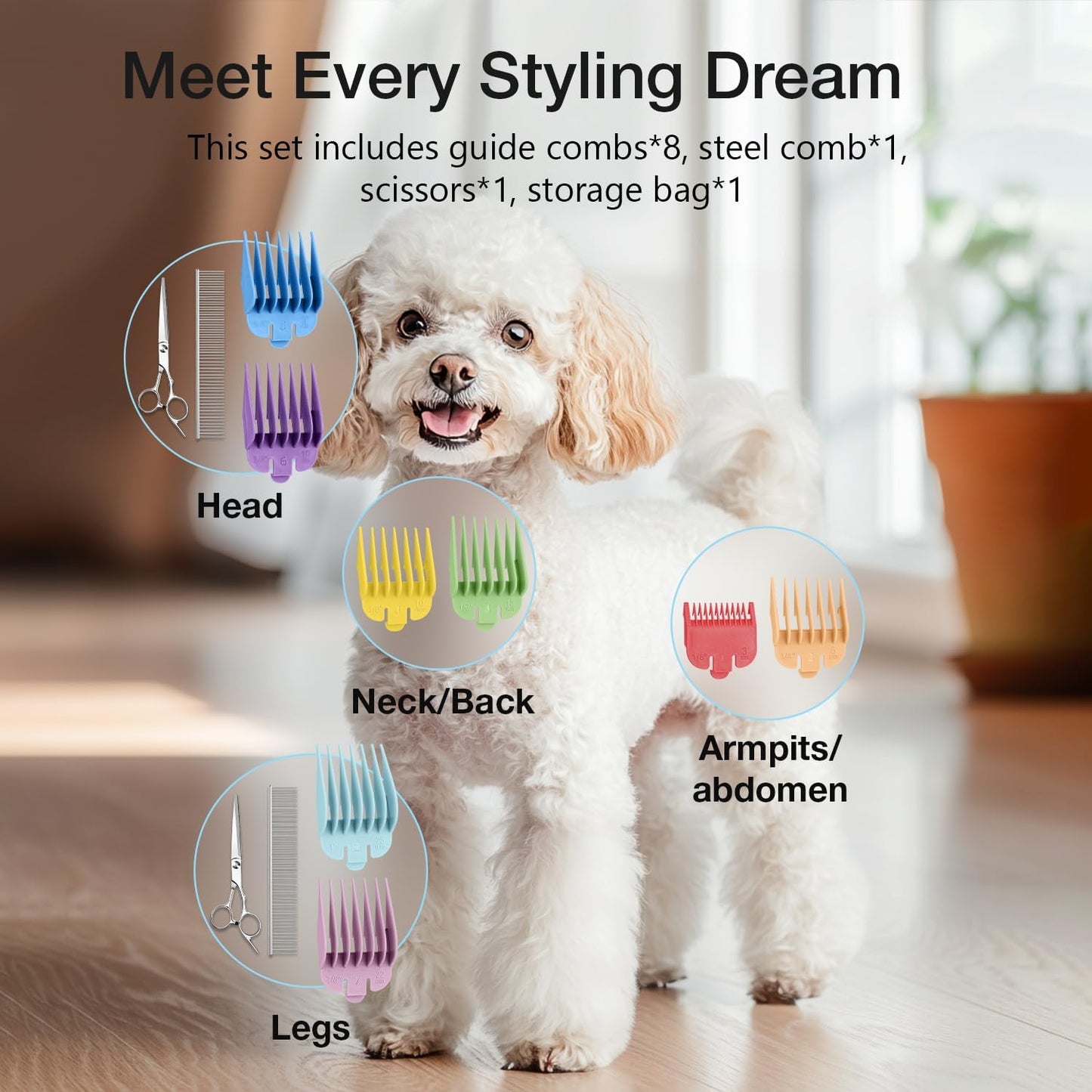 Dog Clippers for Grooming with Detachable Blade for Thick Coats, Cordless Rechargeable Low Noise Professional Pet Grooming Hair Trimmer Shaver Kit with 8 Guide Combs for Dogs Cats Animals