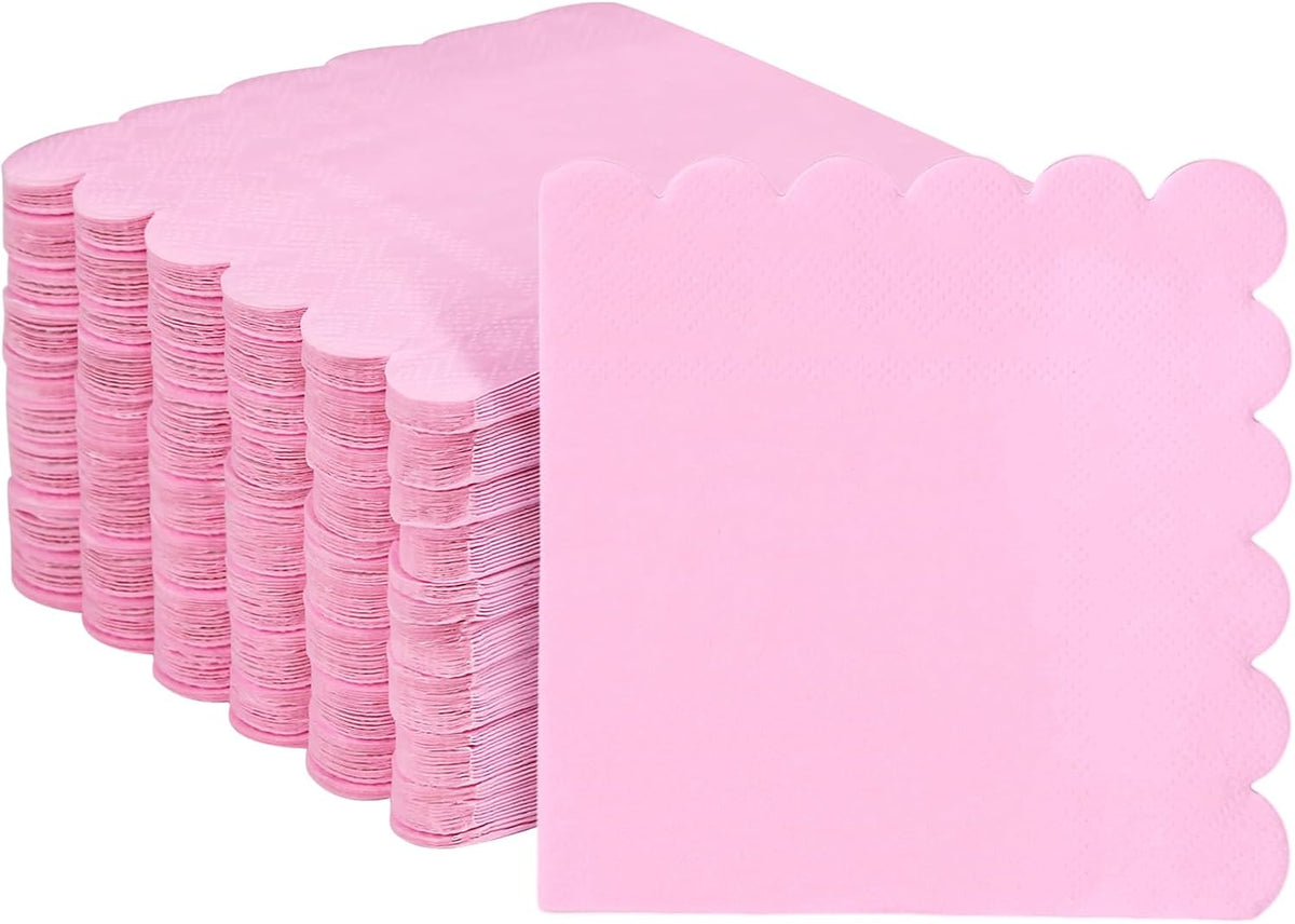 3-ply Cocktail Napkins, 5 x 5 Inch100pcs Scalloped Beverage Napkins Disposable Paper Napkins Dessert Napkins for Bridal Anniversary Baby Shower Birthday Wedding Party Supplies (pink)