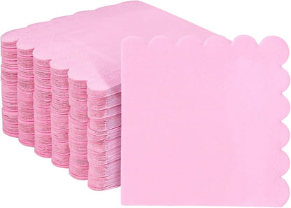 3-ply Cocktail Napkins, 5 x 5 Inch100pcs Scalloped Beverage Napkins Disposable Paper Napkins Dessert Napkins for Bridal Anniversary Baby Shower Birthday Wedding Party Supplies (pink)