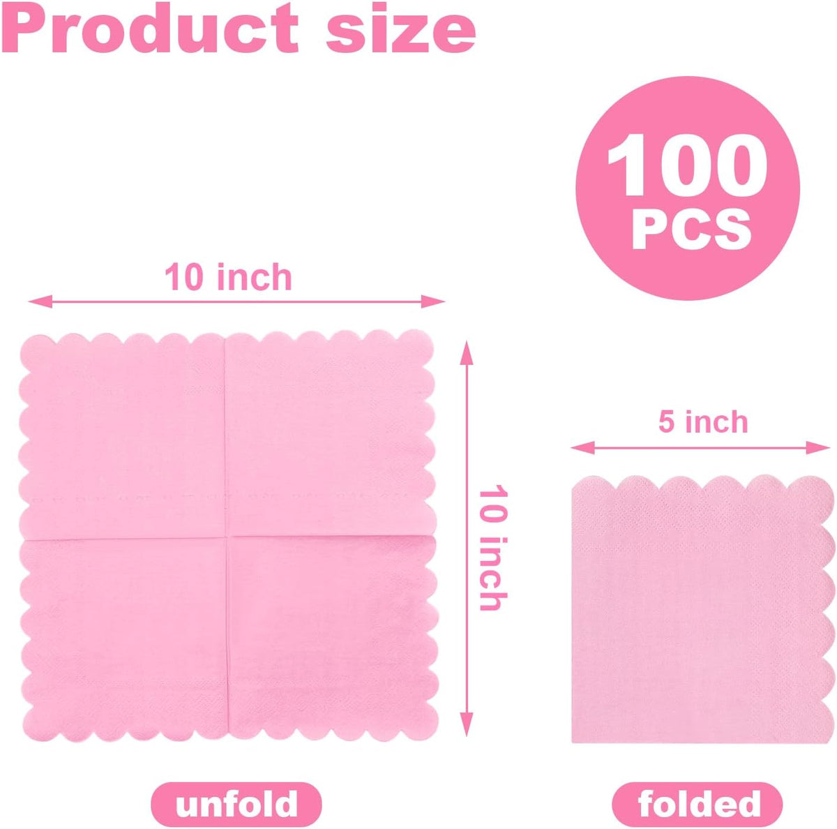3-ply Cocktail Napkins, 5 x 5 Inch100pcs Scalloped Beverage Napkins Disposable Paper Napkins Dessert Napkins for Bridal Anniversary Baby Shower Birthday Wedding Party Supplies (pink)