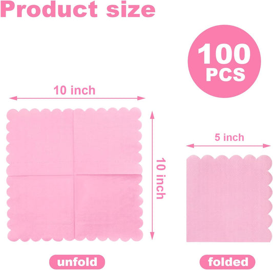 3-ply Cocktail Napkins, 5 x 5 Inch100pcs Scalloped Beverage Napkins Disposable Paper Napkins Dessert Napkins for Bridal Anniversary Baby Shower Birthday Wedding Party Supplies (pink)