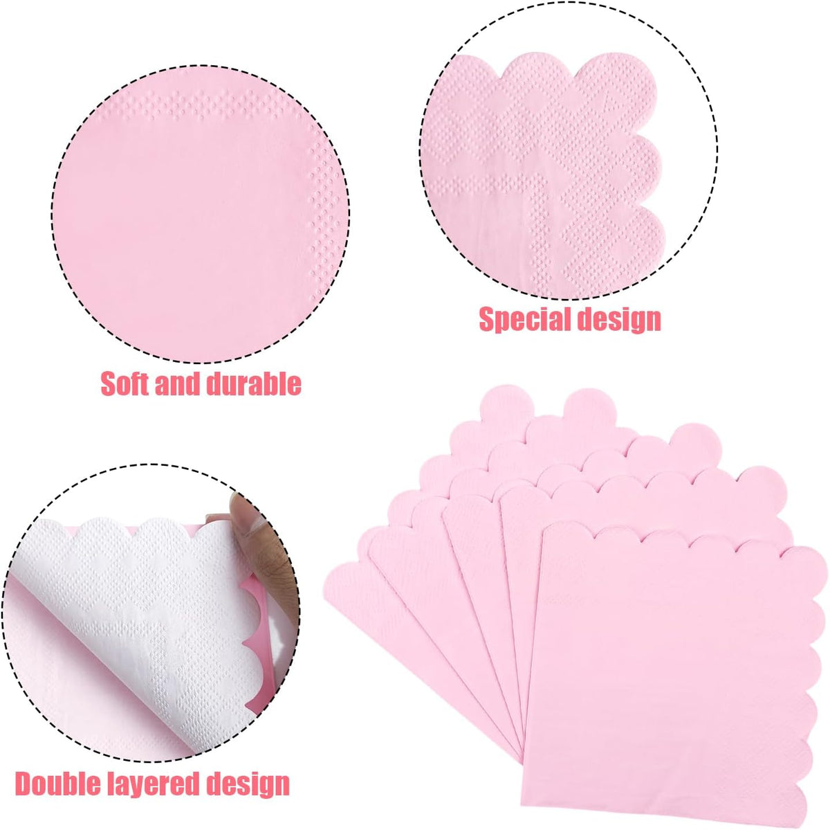 3-ply Cocktail Napkins, 5 x 5 Inch100pcs Scalloped Beverage Napkins Disposable Paper Napkins Dessert Napkins for Bridal Anniversary Baby Shower Birthday Wedding Party Supplies (pink)