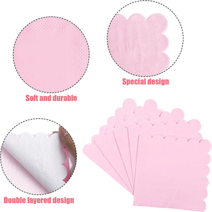 3-ply Cocktail Napkins, 5 x 5 Inch100pcs Scalloped Beverage Napkins Disposable Paper Napkins Dessert Napkins for Bridal Anniversary Baby Shower Birthday Wedding Party Supplies (pink)