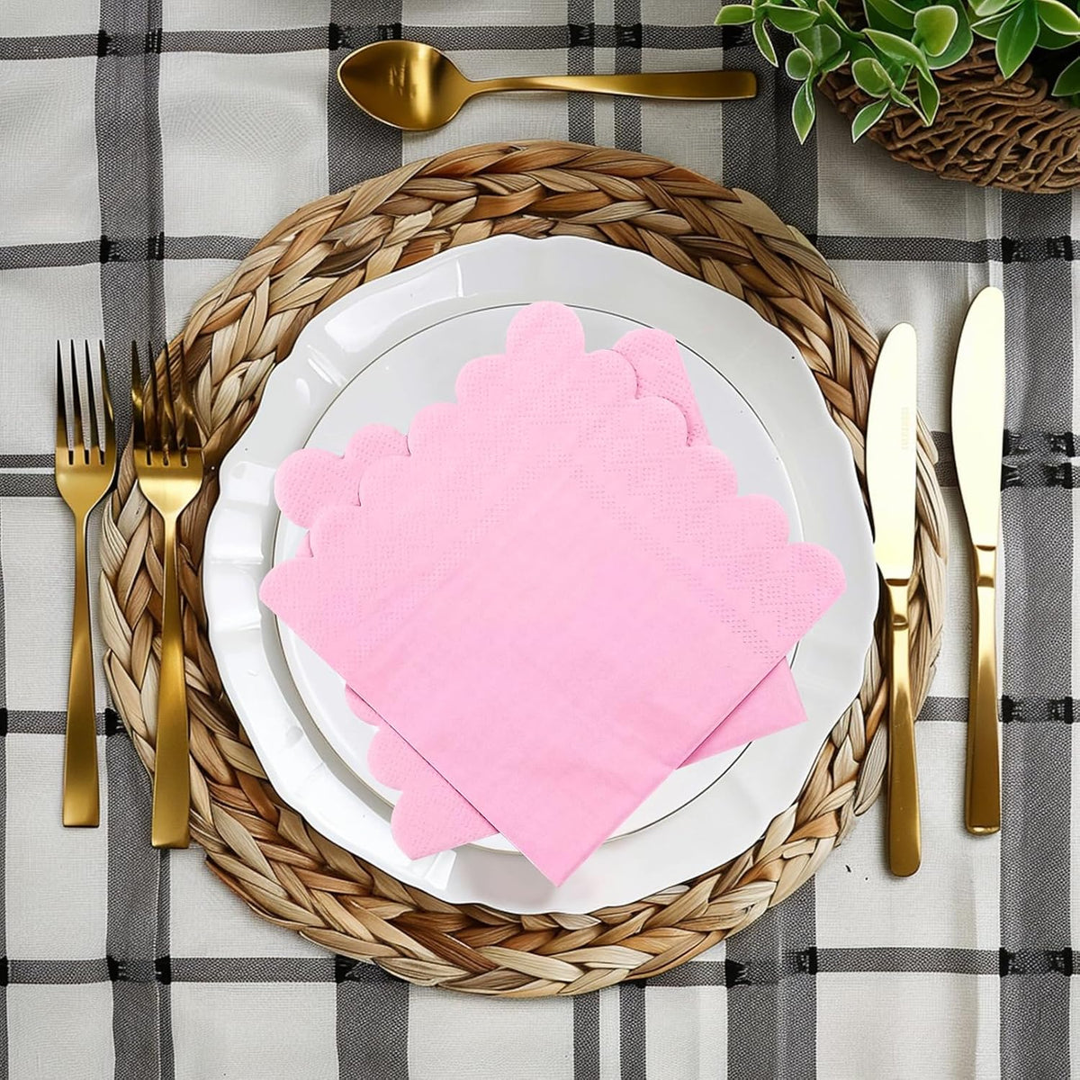3-ply Cocktail Napkins, 5 x 5 Inch100pcs Scalloped Beverage Napkins Disposable Paper Napkins Dessert Napkins for Bridal Anniversary Baby Shower Birthday Wedding Party Supplies (pink)