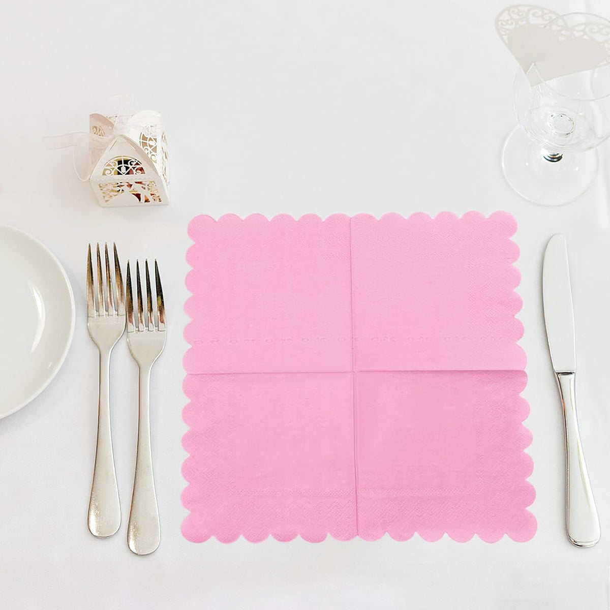 3-ply Cocktail Napkins, 5 x 5 Inch100pcs Scalloped Beverage Napkins Disposable Paper Napkins Dessert Napkins for Bridal Anniversary Baby Shower Birthday Wedding Party Supplies (pink)
