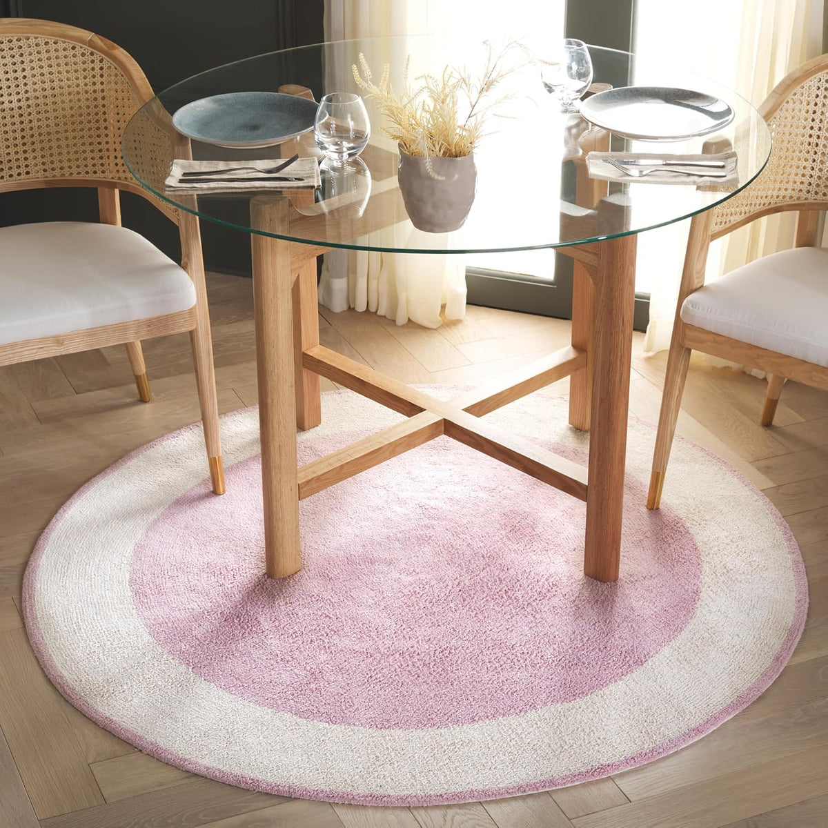Washable Rug Easy Care Collection - 4' Round, Ivory & Pink, Handmade Cotton, Easy to Clean, Ideal for Foyer, Kitchen, Nursery, Office, Bedroom (ECR220U)