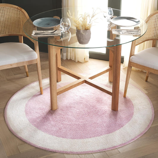 Washable Rug Easy Care Collection - 4' Round, Ivory & Pink, Handmade Cotton, Easy to Clean, Ideal for Foyer, Kitchen, Nursery, Office, Bedroom (ECR220U)