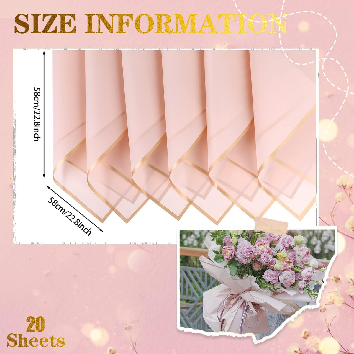 20 Sheets Gold Edge Flower Wrapping Paper,Waterproof Fresh Flower Packing Material Florist Bouquet Supplies DIY Craft Gift Packing,Pink