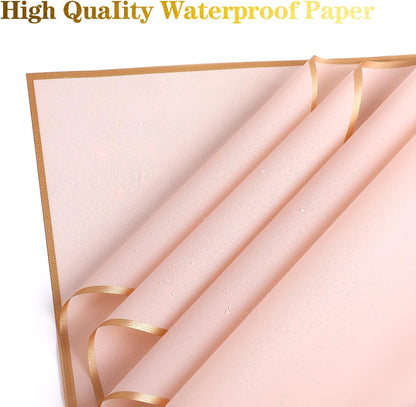 20 Sheets Gold Edge Flower Wrapping Paper,Waterproof Fresh Flower Packing Material Florist Bouquet Supplies DIY Craft Gift Packing,Pink