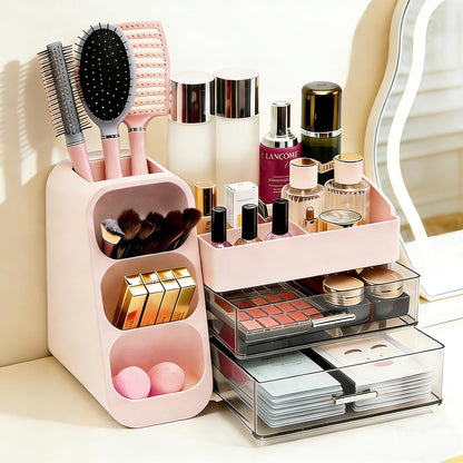 Makeup Organizer Countertop, Spacious Cosmetic Display Case with Makeup Brush Holder, Perfect Vanity Bathroom Organizer and Storage, Pink