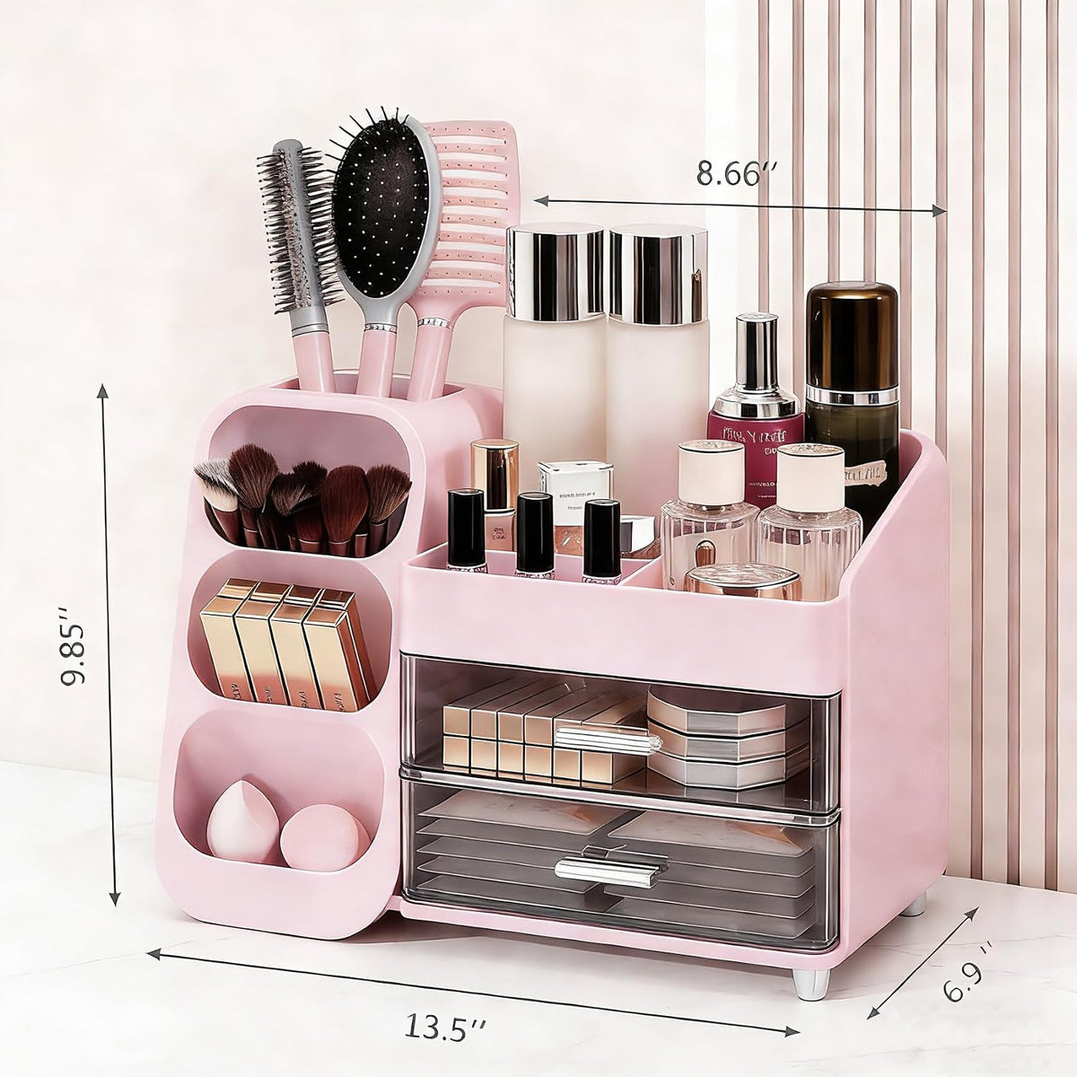 Makeup Organizer Countertop, Spacious Cosmetic Display Case with Makeup Brush Holder, Perfect Vanity Bathroom Organizer and Storage, Pink