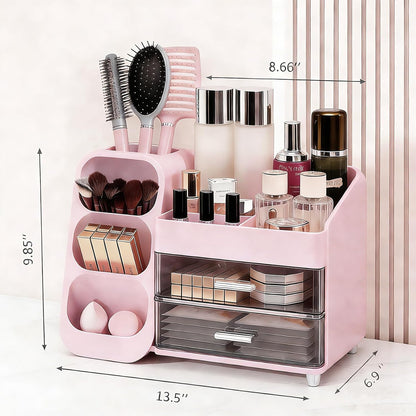 Makeup Organizer Countertop, Spacious Cosmetic Display Case with Makeup Brush Holder, Perfect Vanity Bathroom Organizer and Storage, Pink