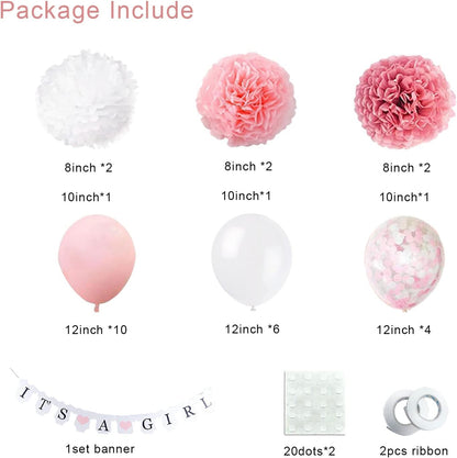 Baby Shower Decorations for Girls, Pink White Baby Girl Shower , with It’s A Girl Banner Confetti Latex Balloons Paper Pom Poms, for Baby Shower Supplies