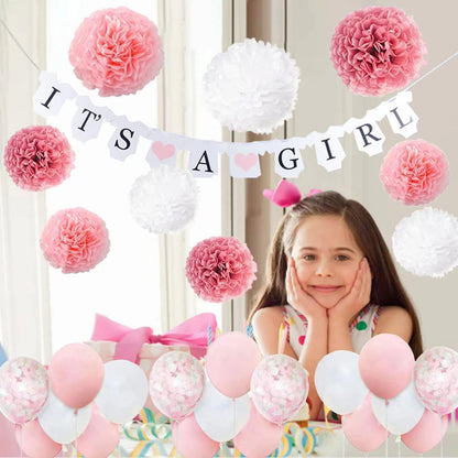 Baby Shower Decorations for Girls, Pink White Baby Girl Shower , with It’s A Girl Banner Confetti Latex Balloons Paper Pom Poms, for Baby Shower Supplies