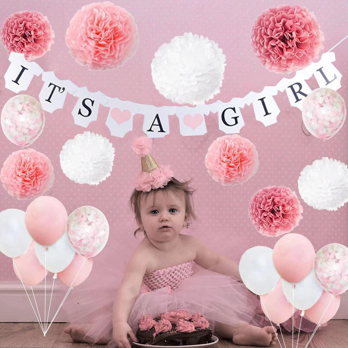 Baby Shower Decorations for Girls, Pink White Baby Girl Shower , with It’s A Girl Banner Confetti Latex Balloons Paper Pom Poms, for Baby Shower Supplies