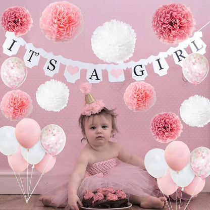 Baby Shower Decorations for Girls, Pink White Baby Girl Shower , with It’s A Girl Banner Confetti Latex Balloons Paper Pom Poms, for Baby Shower Supplies